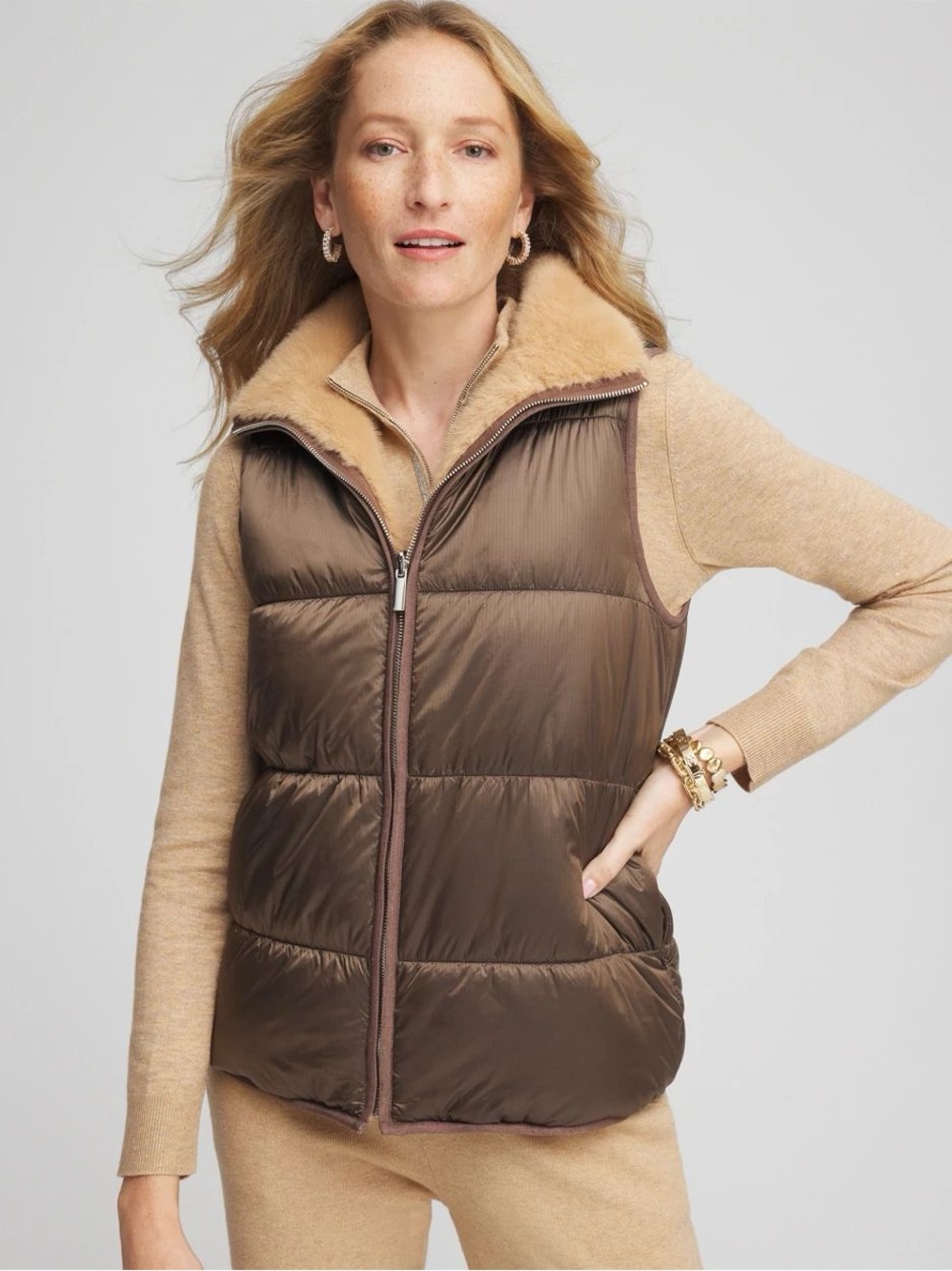 Chicos Zenergy Reversible Faux Fur Puffer Vest Brown Tan Women Size 2 US 12